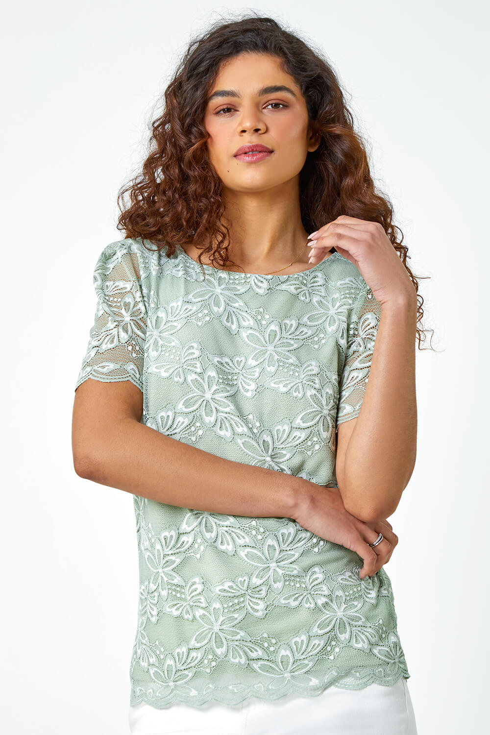 Sage Floral Stretch Lace Top, Image 4 of 5