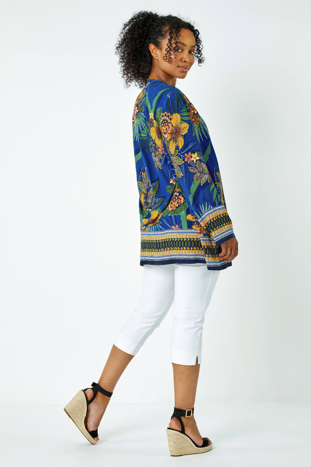 Blue Petite Tropical Print Kimono Jacket, Image 3 of 5