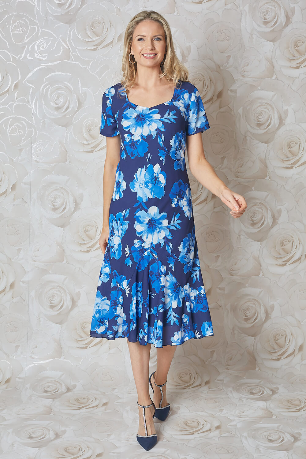 Royal Blue Julianna Floral Bias Cut Midi Dress, Image 4 of 4