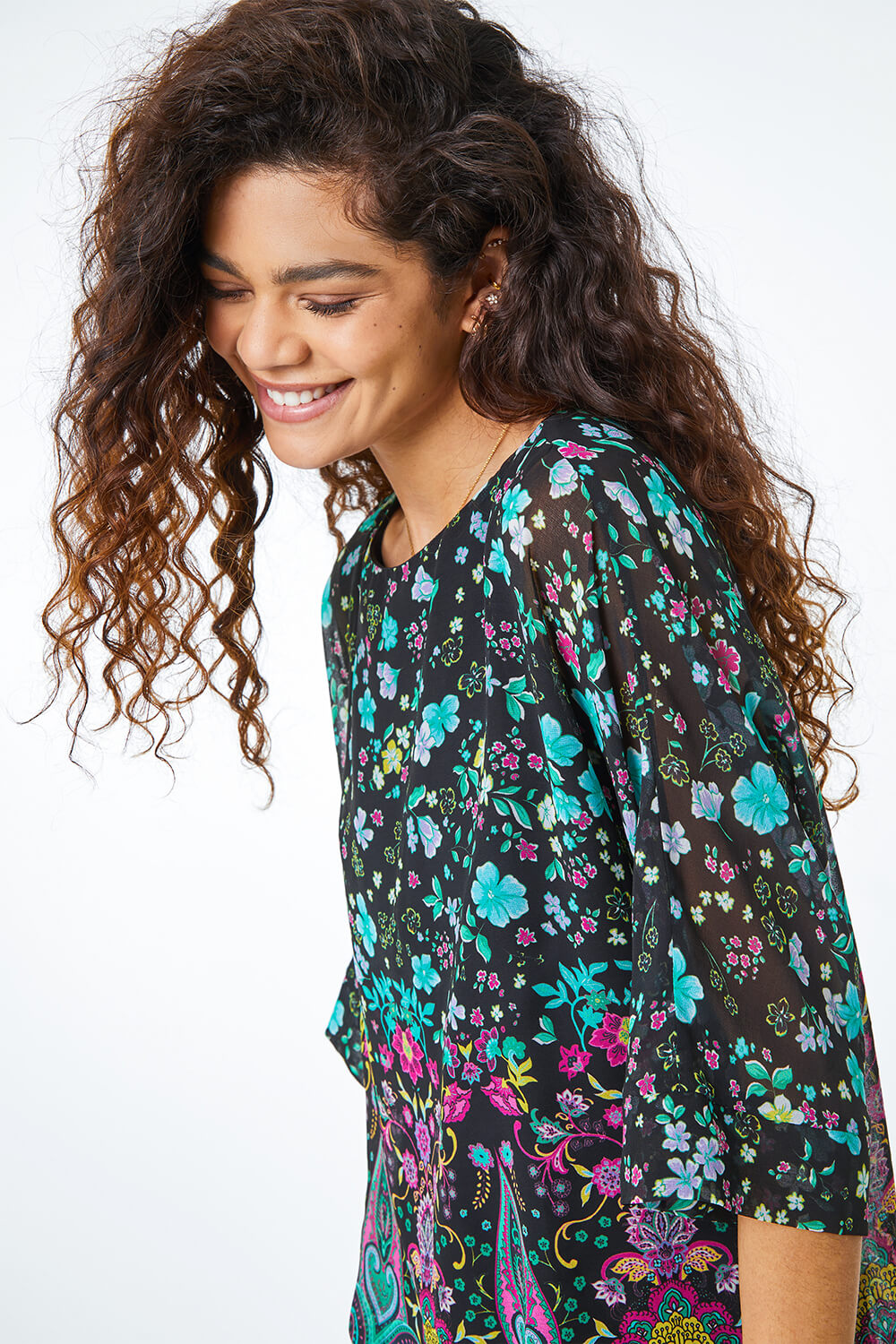 Green Floral Border Print Overlay Top, Image 4 of 5