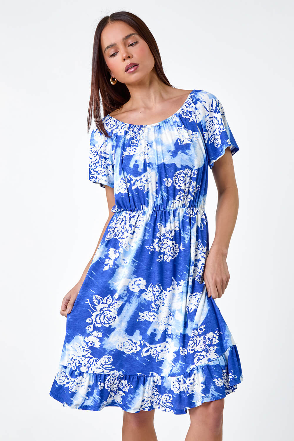 Petite Abstract Floral Stretch Frill Dress