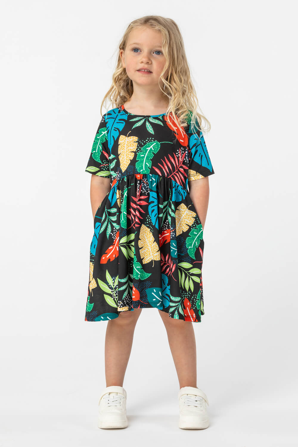 Girls Tropical Print Pocket Detail Dress