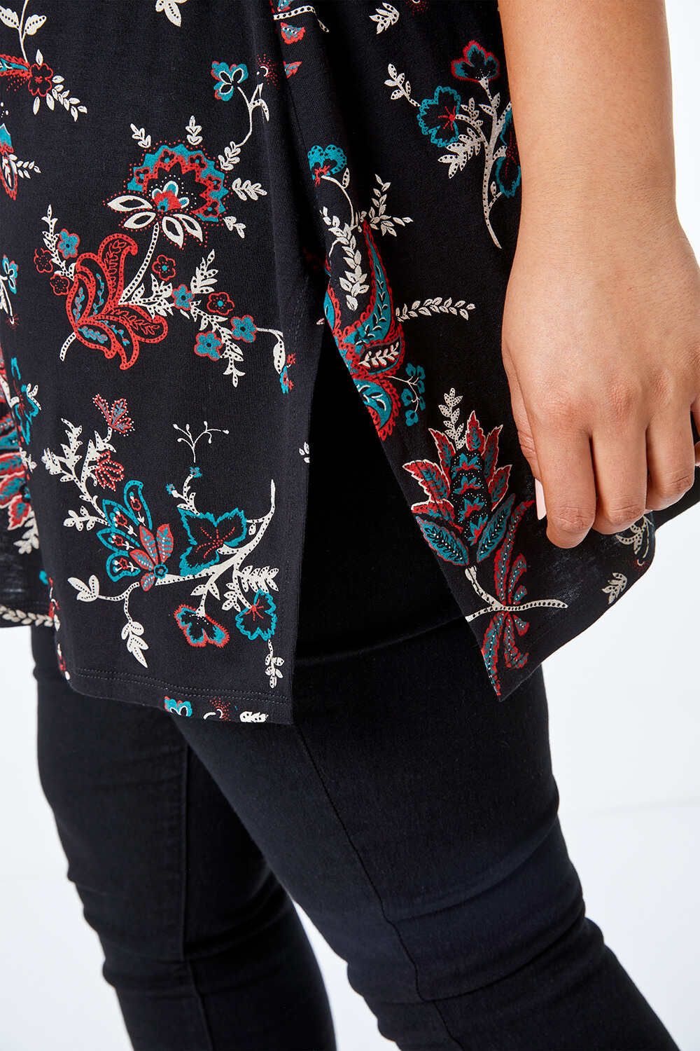 Teal Curve Floral Print Stretch Top, Image 5 of 5