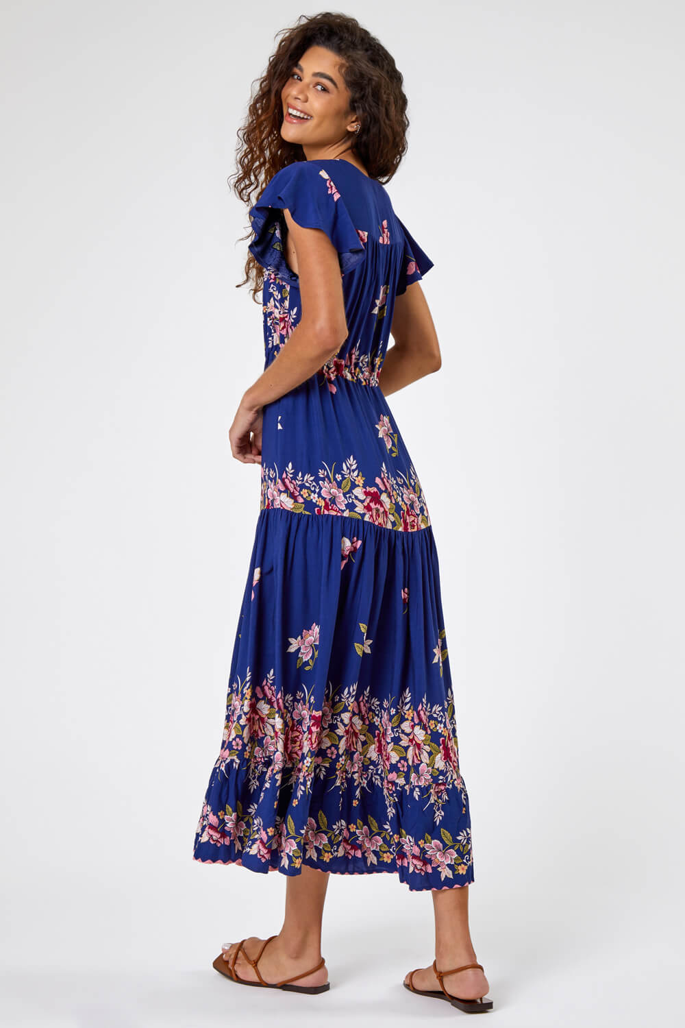 Navy  Floral Print Tiered Midi Dress, Image 4 of 6