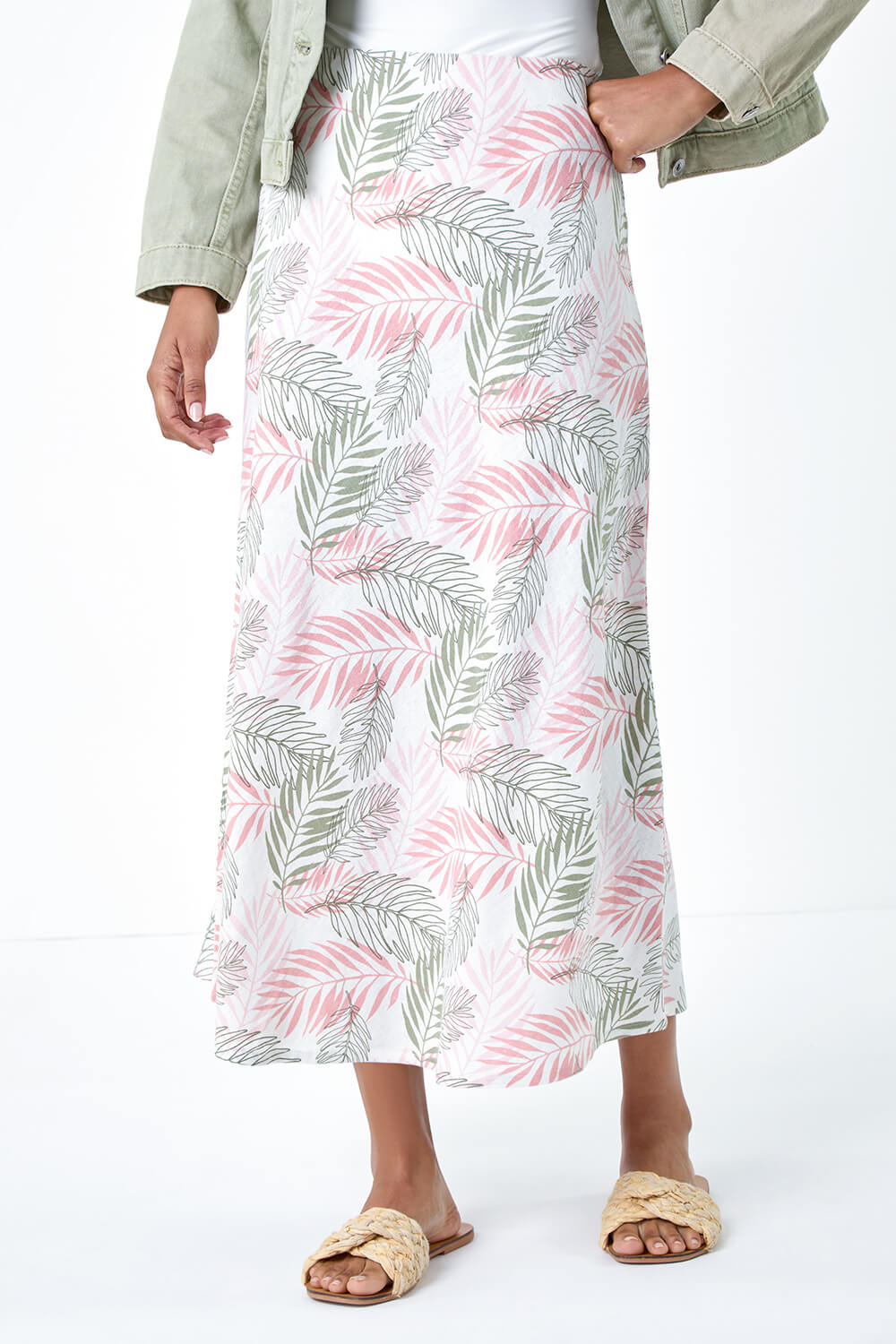 Light Pink Leaf Print Linen Blend A-Line Skirt, Image 4 of 5