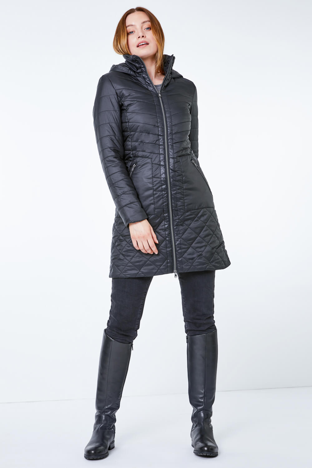 Black Longline Quilted Coat with Hood, Image 3 of 5