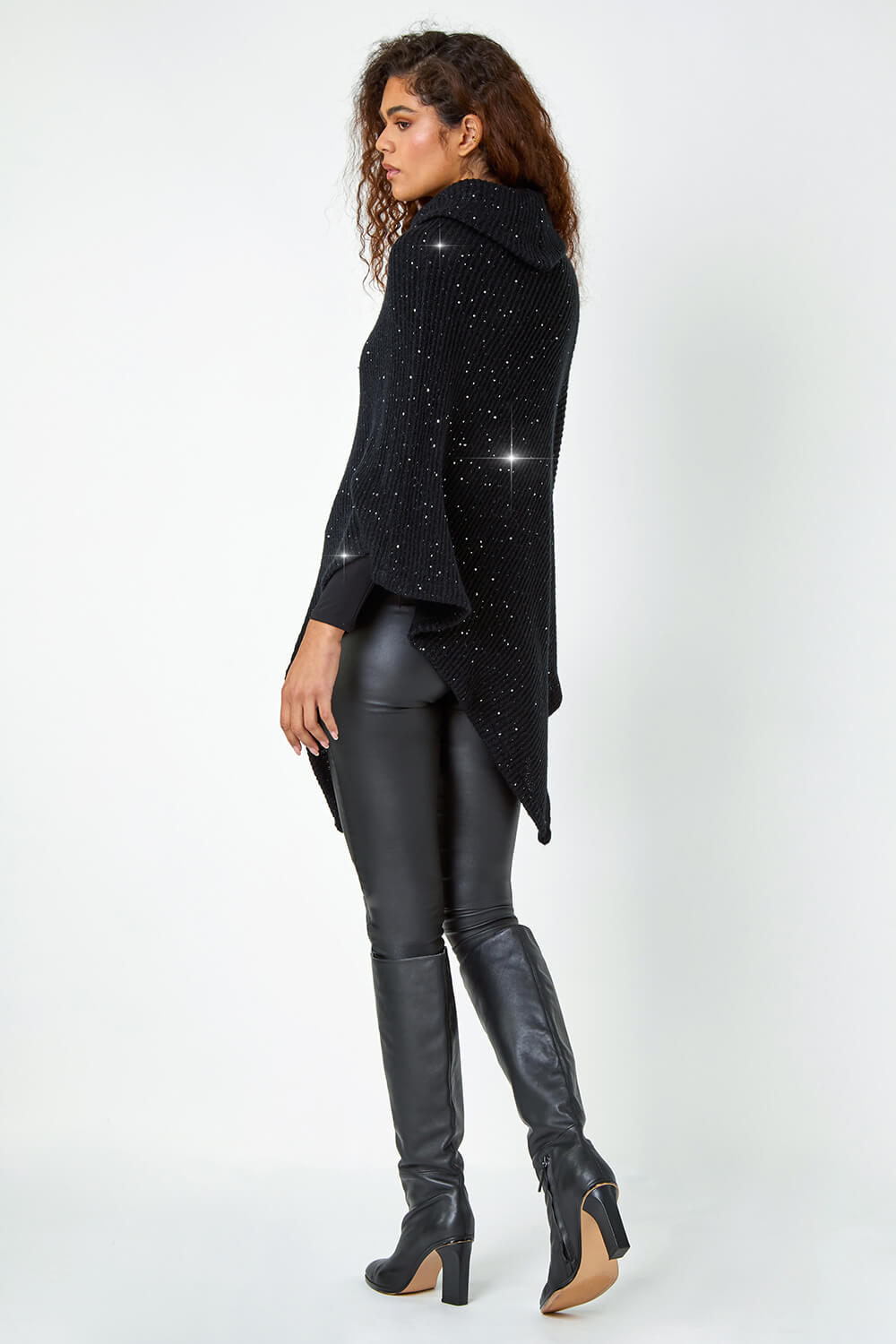 Black One Size Rib Roll Neck Sequin Poncho, Image 3 of 5