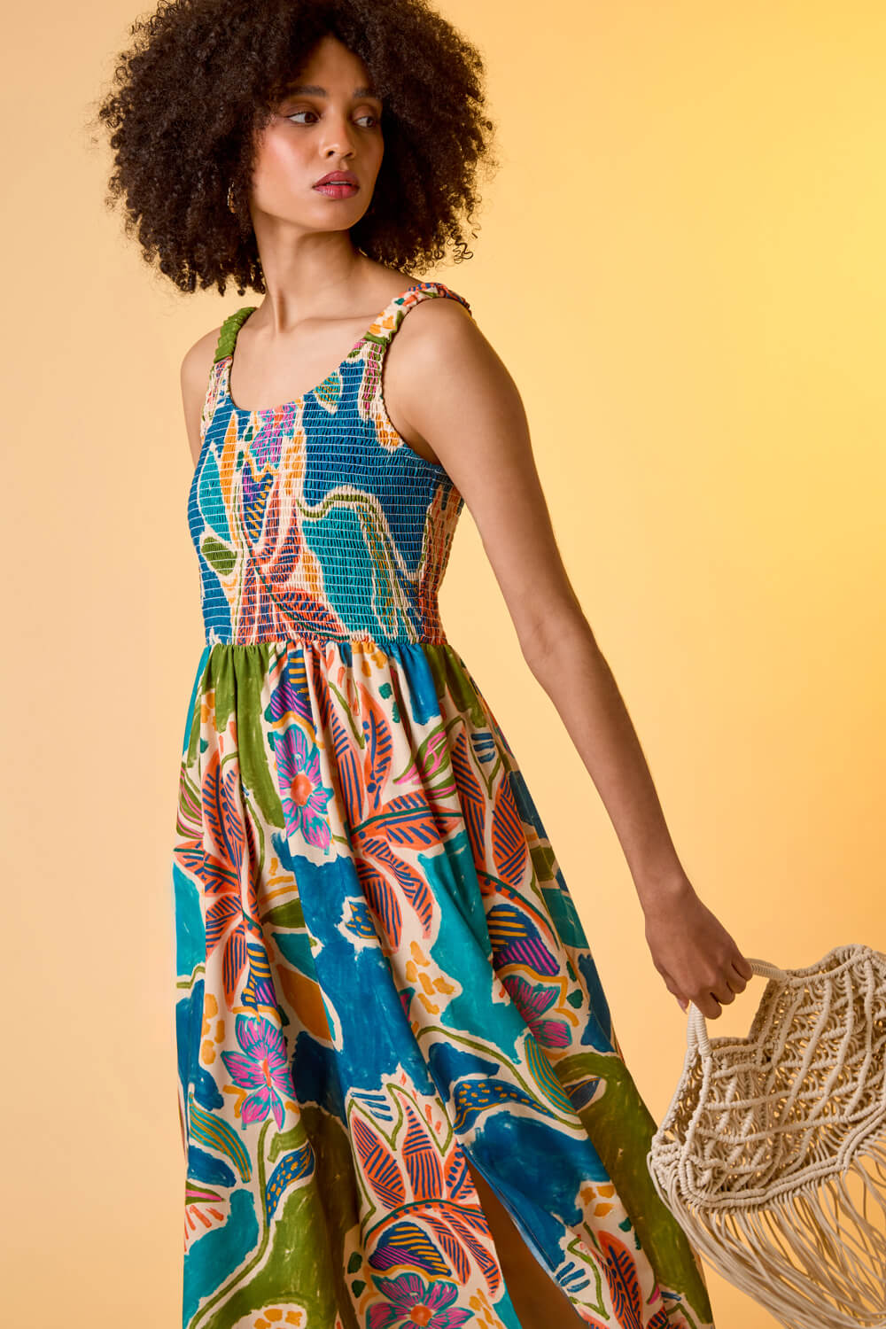 Blue Tropical Leaf Shirred Bodice Midi Dress, Image 6 of 7