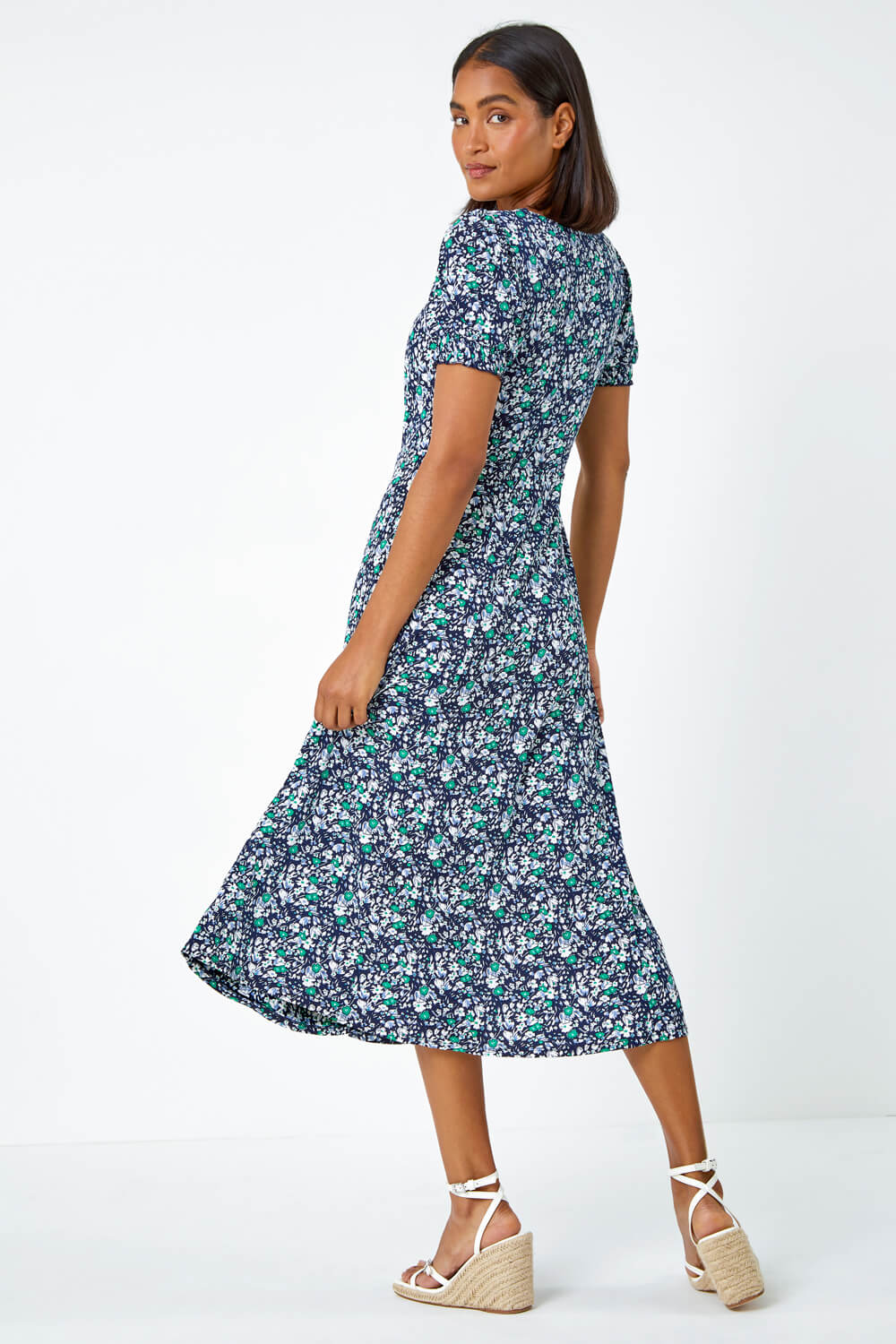 Green Ditsy Floral Ruched Stretch Midi Dress, Image 3 of 5