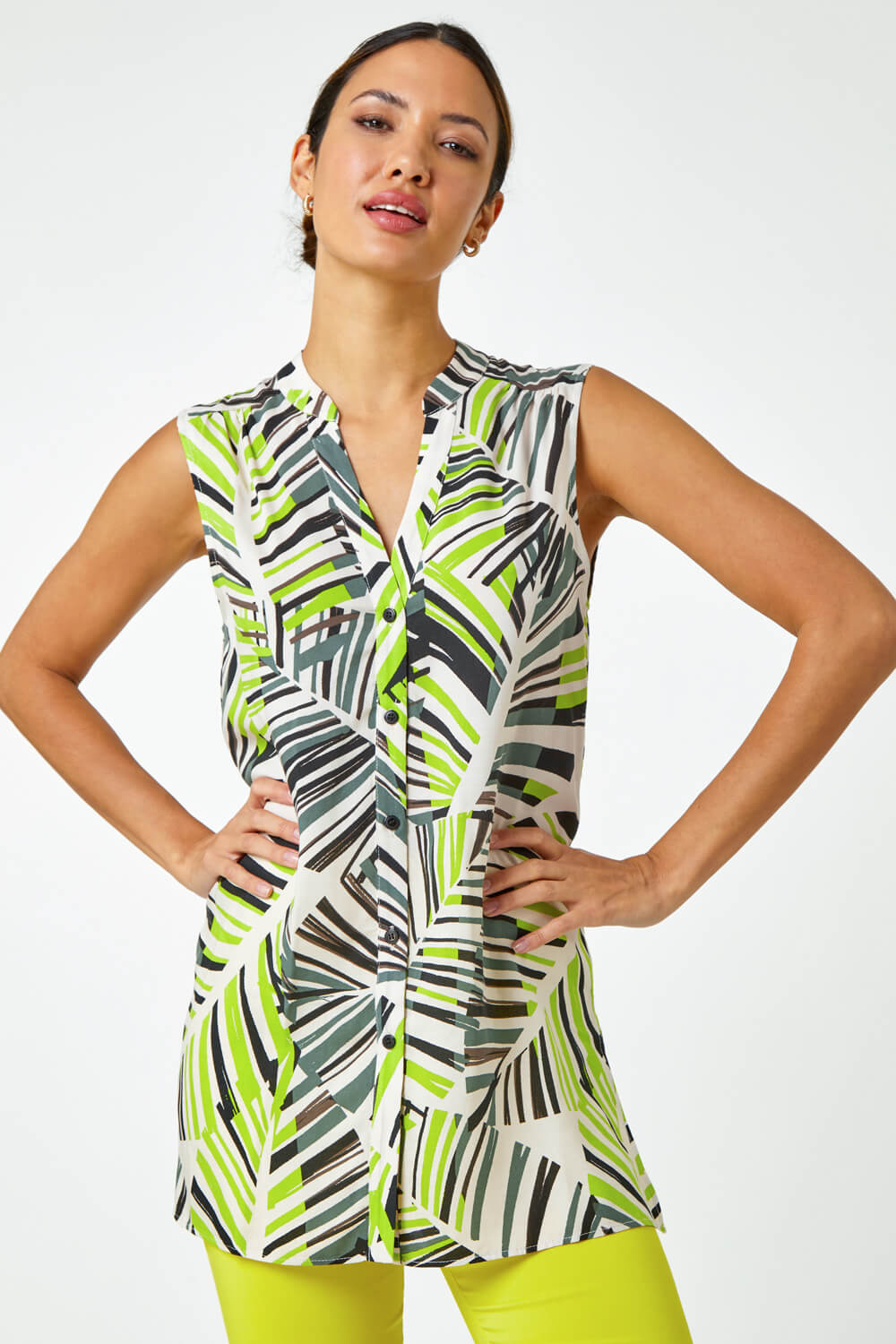 Lime Palm Print Notch Neck Button Top, Image 2 of 5