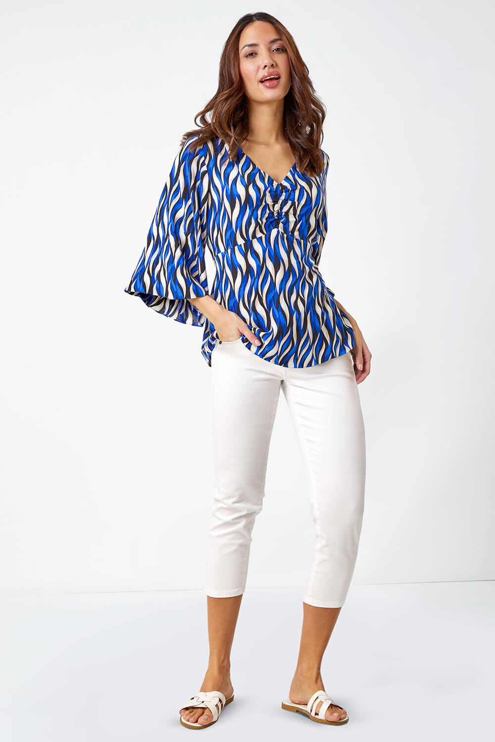 Blue Abstract Print Ruched Tunic Top , Image 2 of 5