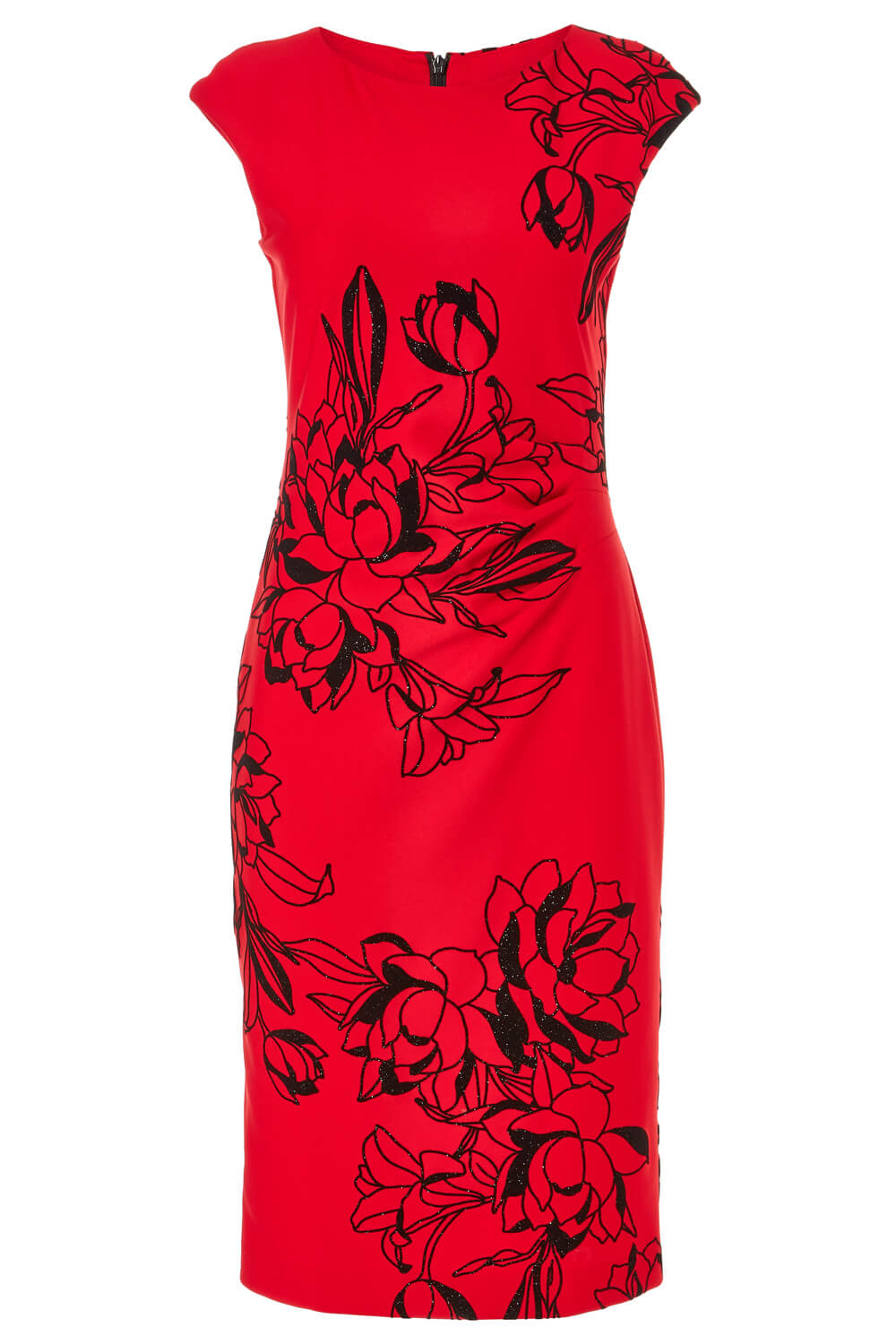 Red Floral Print Fitted Scuba Dress, Image 5 of 5