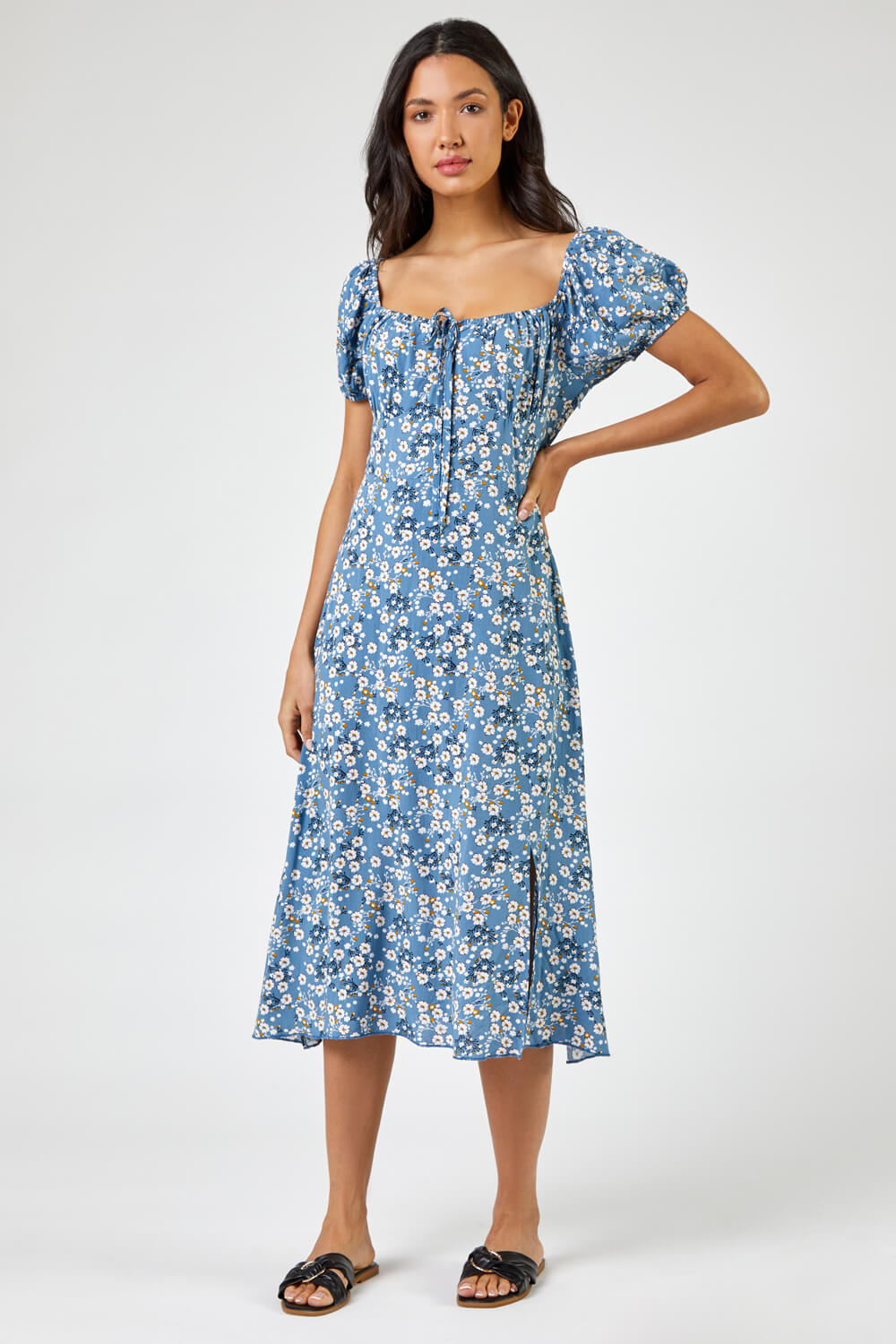 Blue Ditsy Floral Tie Neck Midi Dress, Image 3 of 5