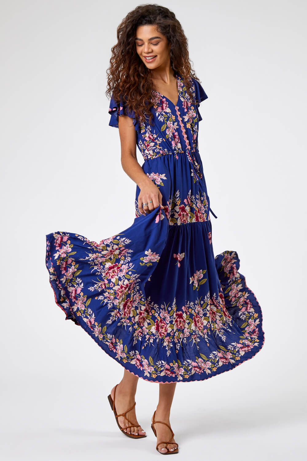 Navy  Floral Print Tiered Midi Dress, Image 3 of 6