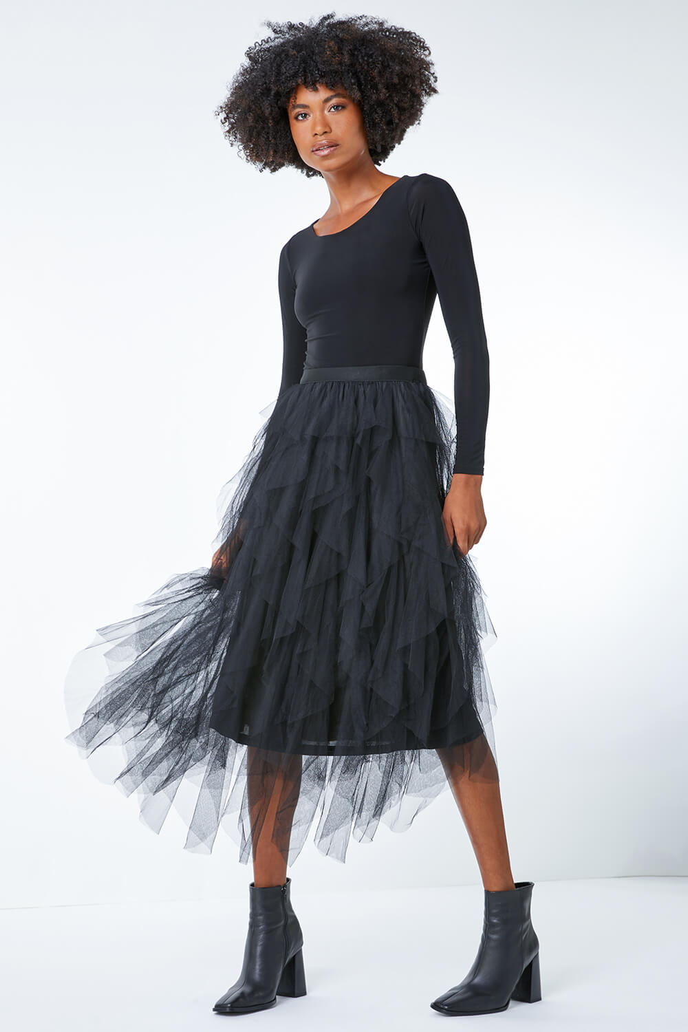 Black Elasticated Mesh Layered Skirt, Image 2 of 5