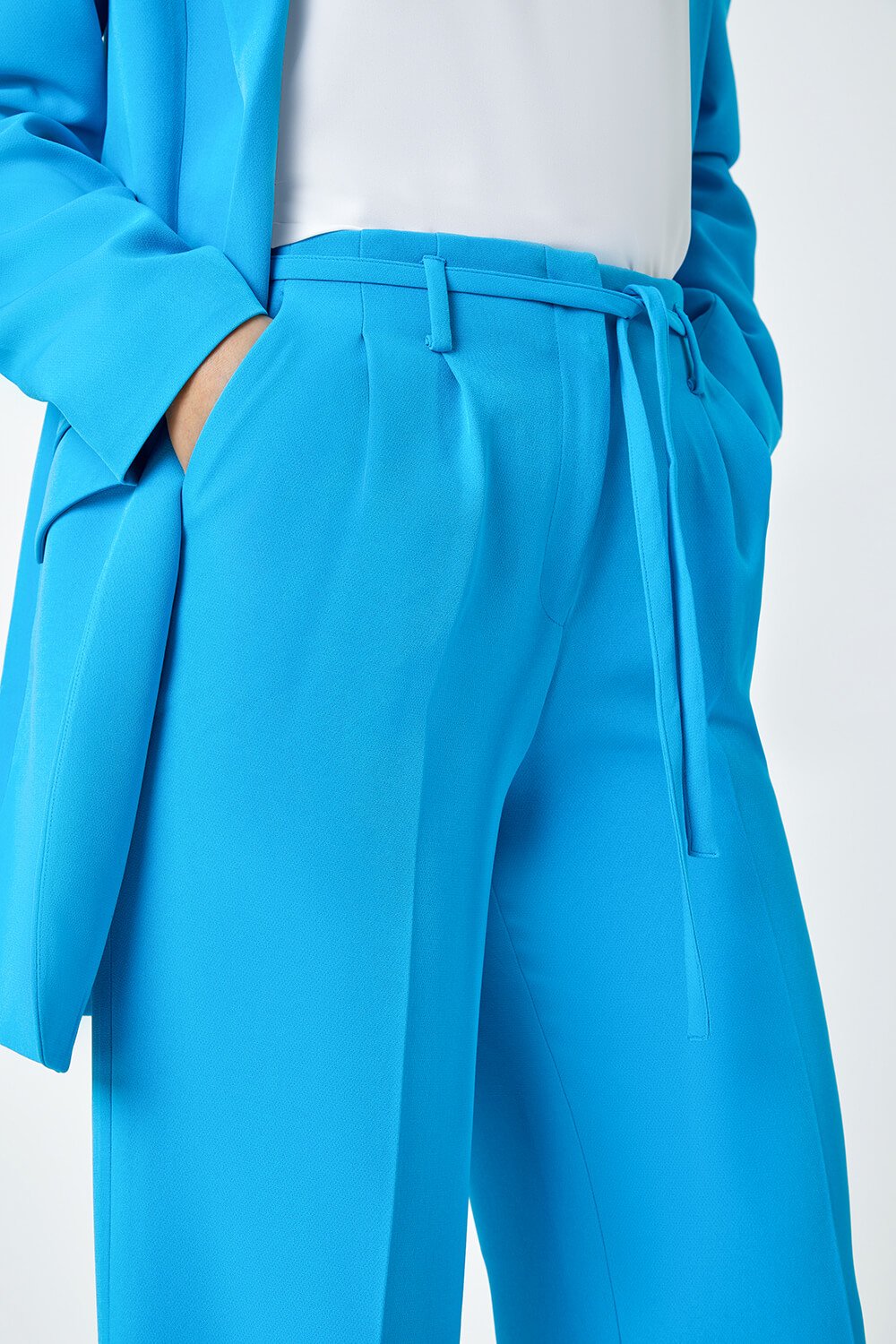 Turquoise Crepe Stretch Straight Leg Trousers, Image 5 of 5