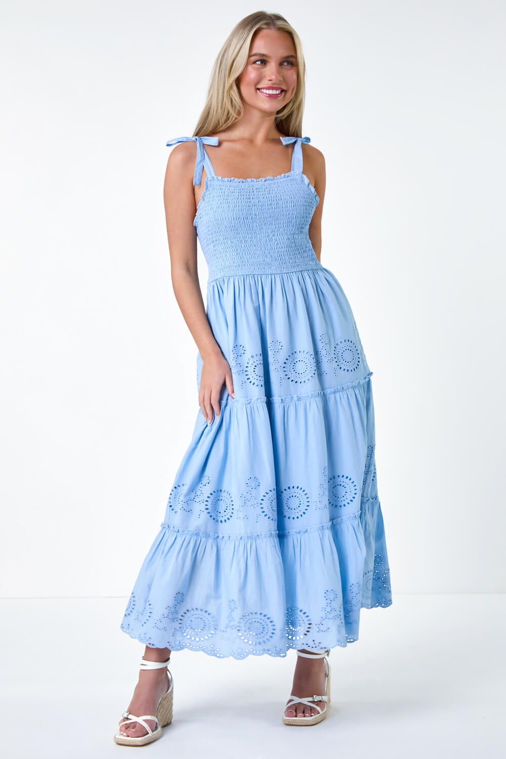 Light Blue  Petite Cotton Broderie Tiered Maxi Dress, Image 2 of 5