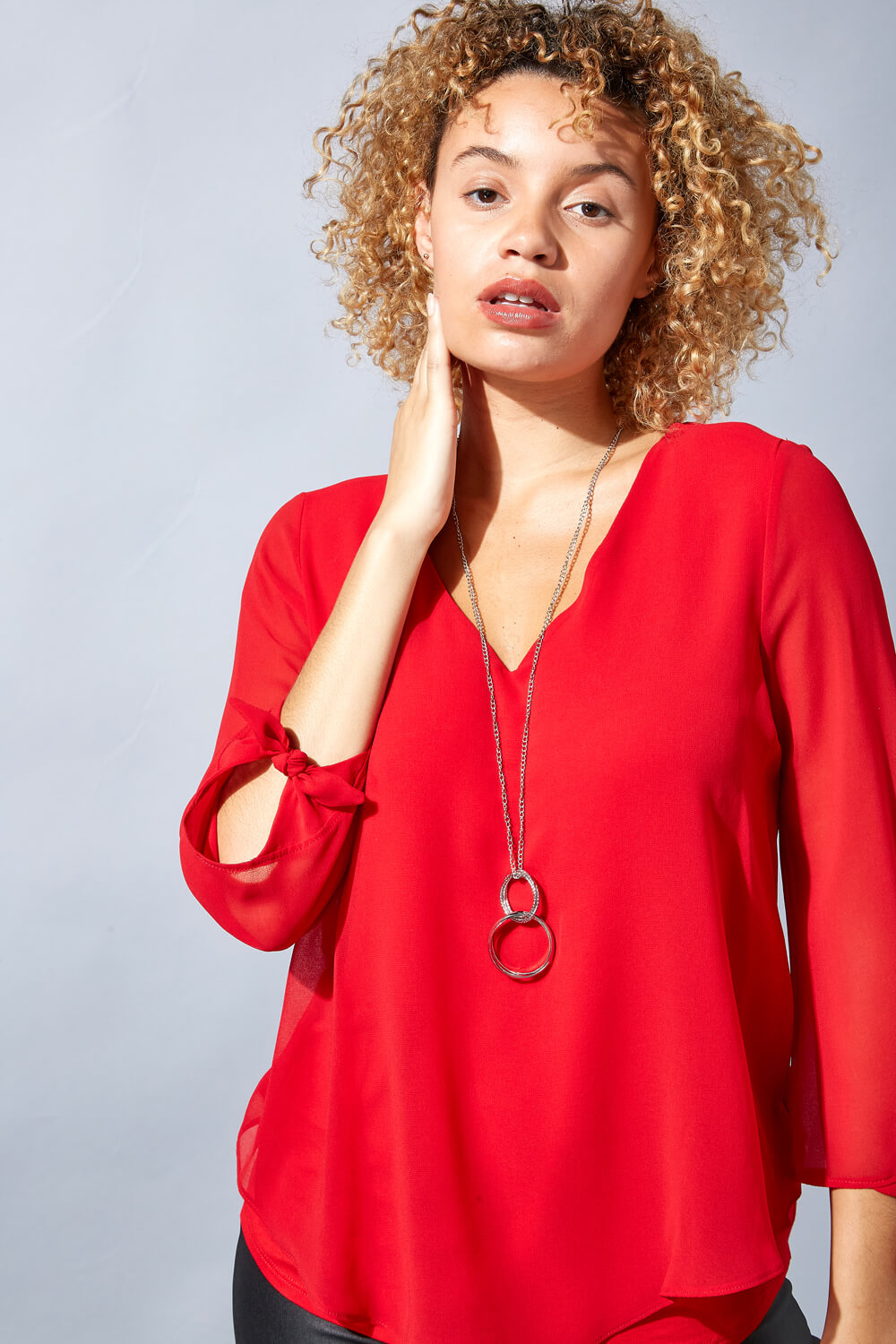 Red Necklace Trim Jersey 3/4 Sleeve Chiffon Top, Image 4 of 4