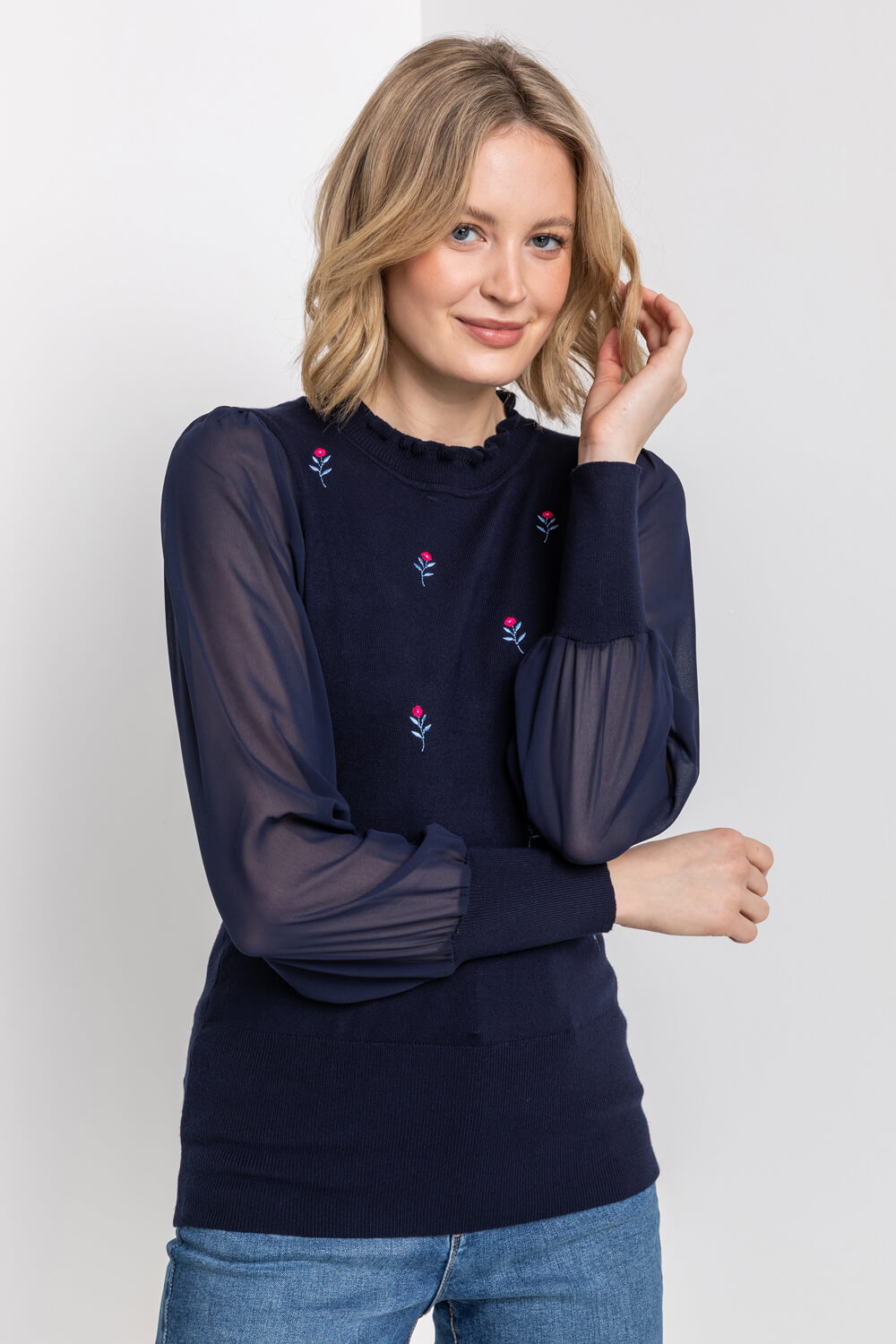 Midnight Blue Floral Embroidered Frill Neck Top, Image 4 of 5