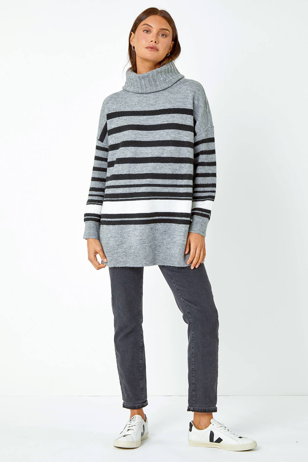 Grey Longline Striped Roll Neck Tunic Jumper, Image 2 of 5