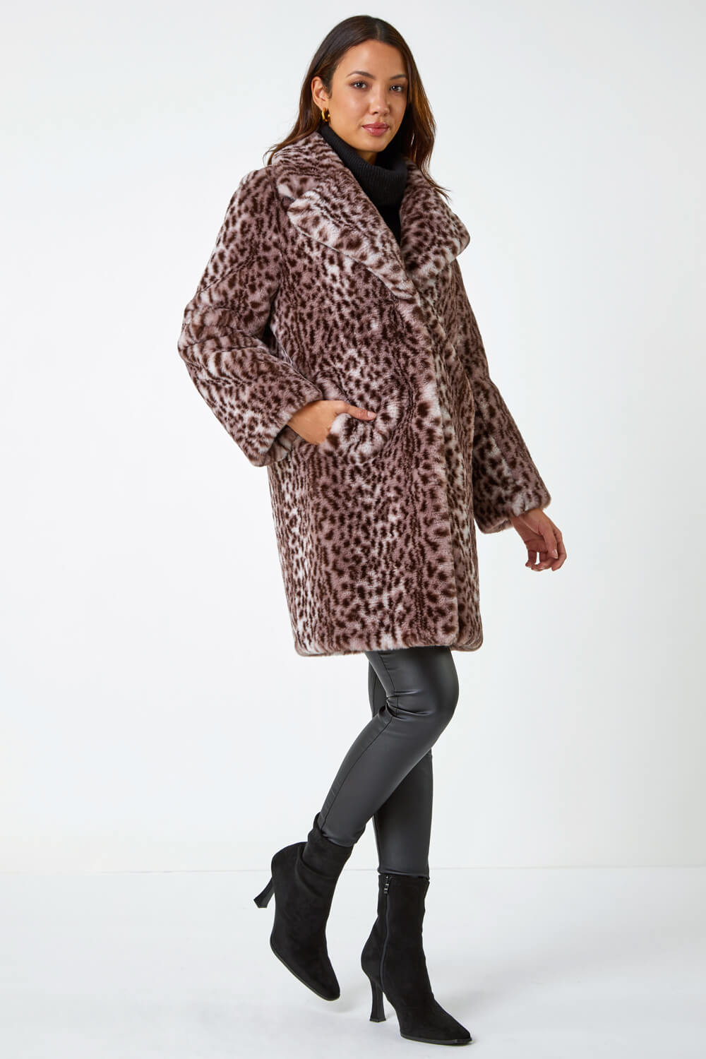 Taupe Premium Animal Print Faux Fur Coat, Image 2 of 5