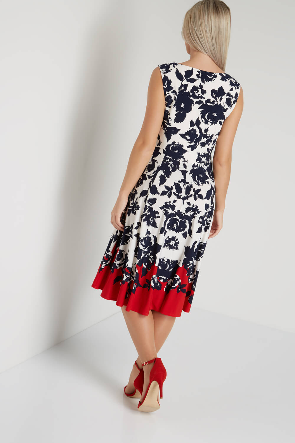 Red Floral Twist Waist Fit and Flare Dress, Image 3 of 4