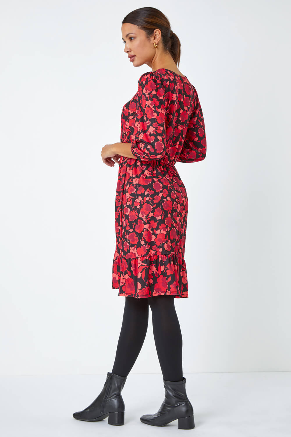 Red Floral Print Frill Hem Stretch Dress, Image 3 of 5