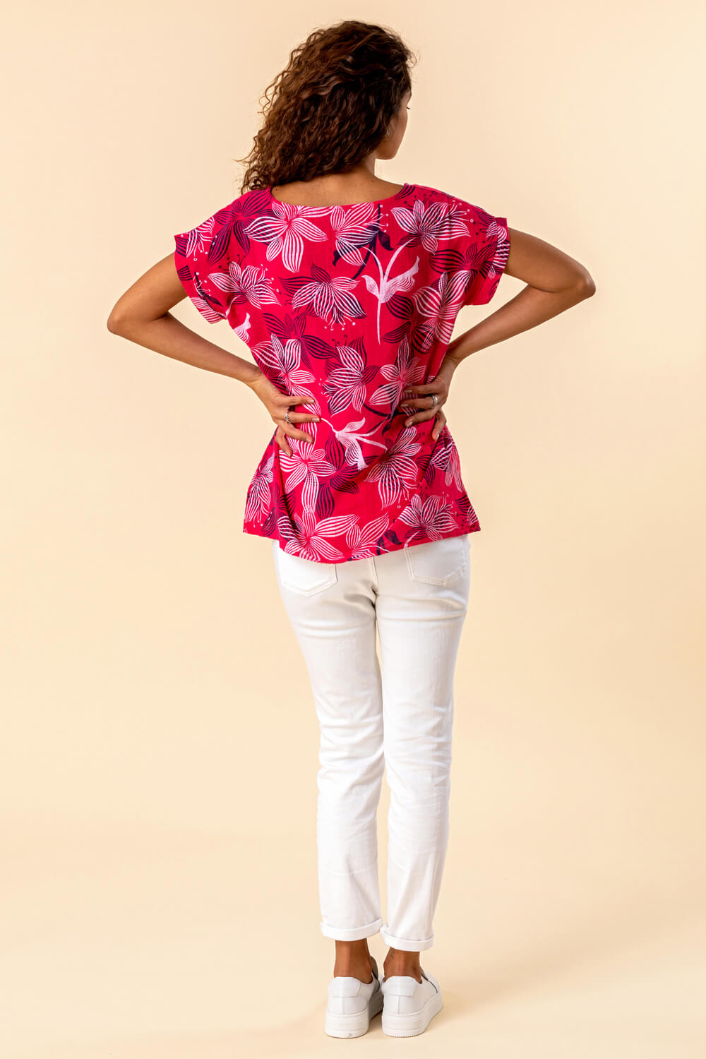 Red Floral Print Cap Sleeve Top, Image 2 of 4