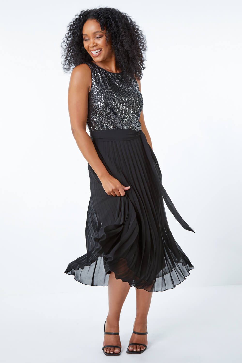Black Petite Embellished Pleated Midi Dress, Image 2 of 5
