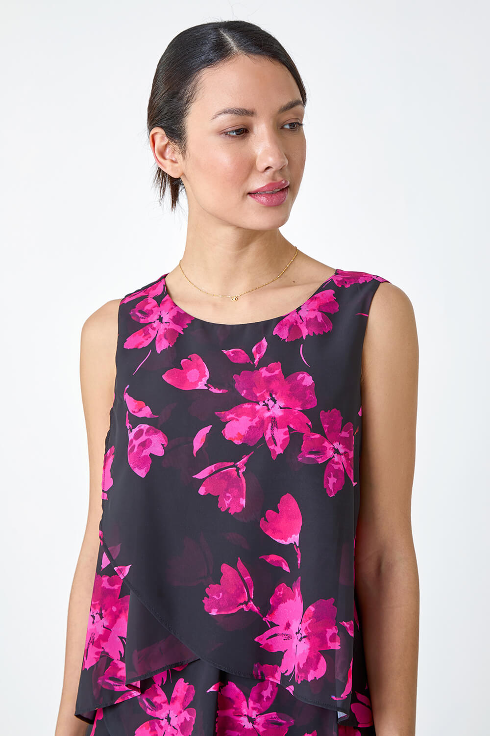 Black Floral Print Tiered Layer Dress, Image 4 of 5