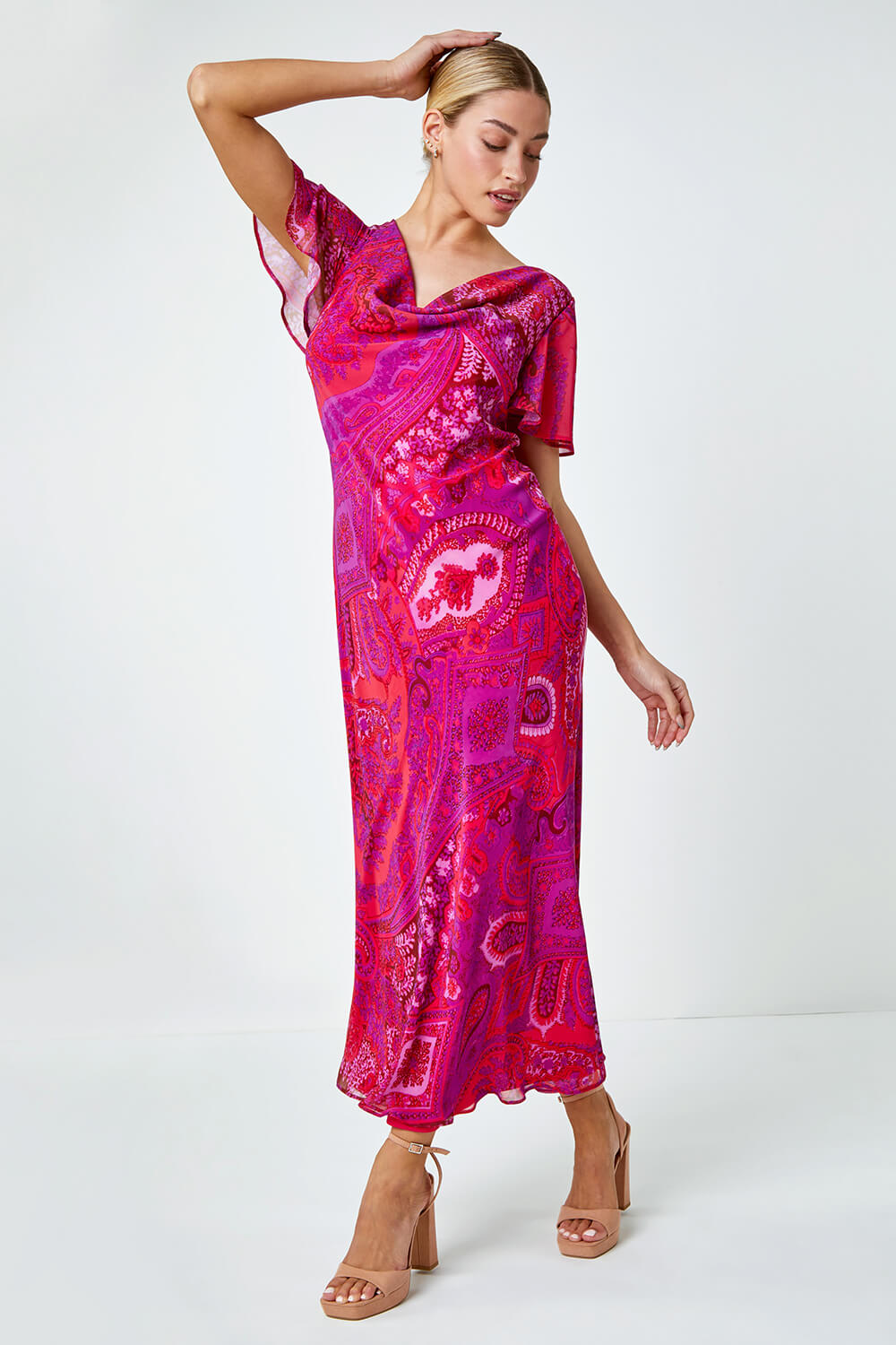 Purple Paisley Print Cowl Neck Dress, Image 2 of 5
