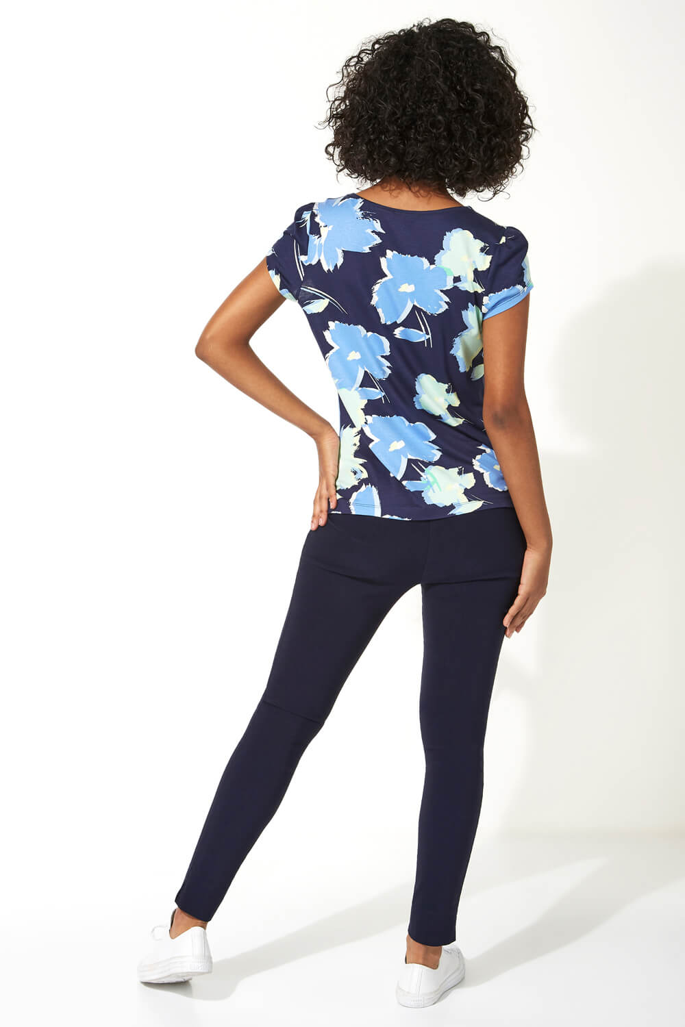 Navy  Floral Print Pleat Neck Top, Image 2 of 5
