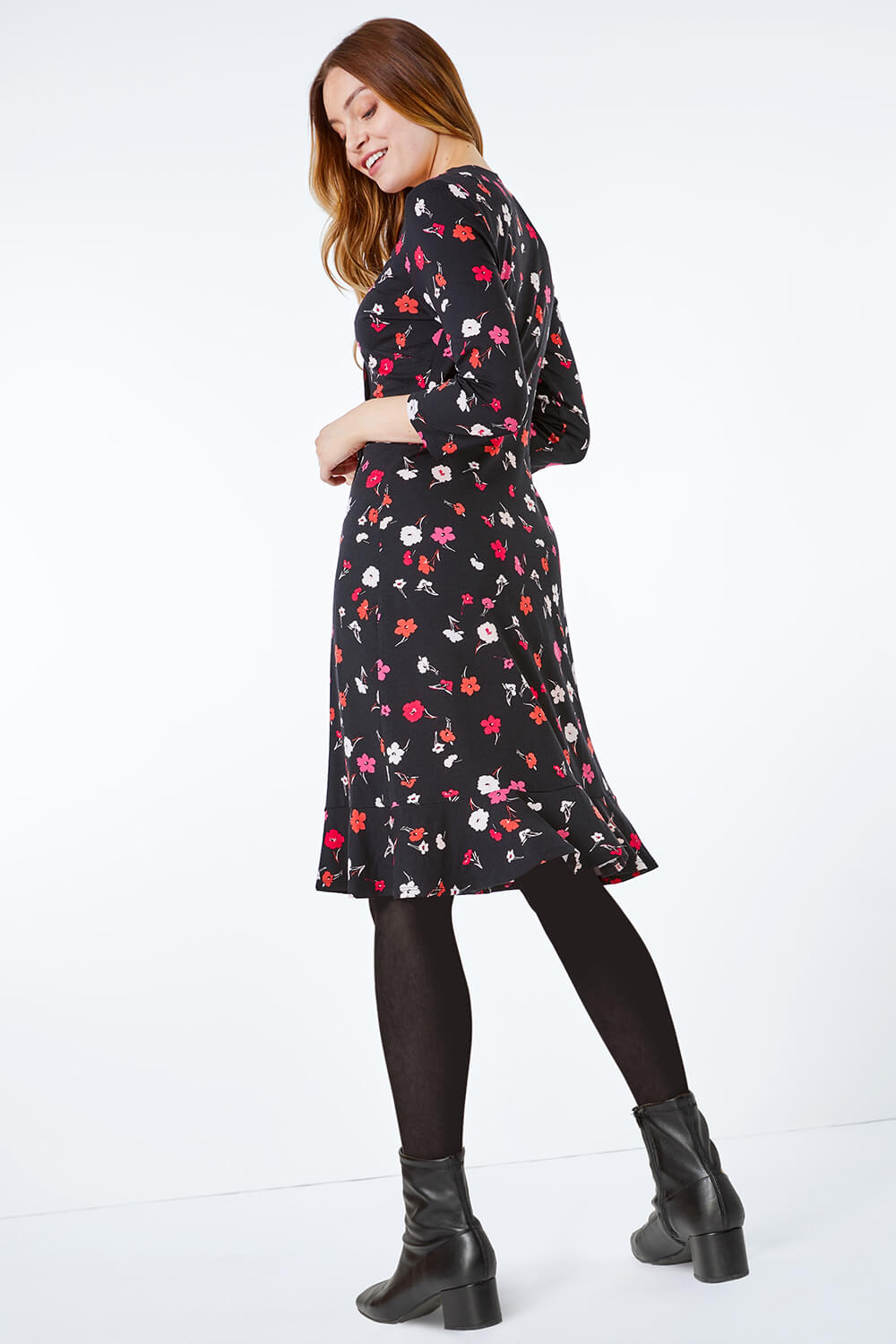 Black Floral Print Frill Hem Jersey Tea Dress, Image 2 of 5