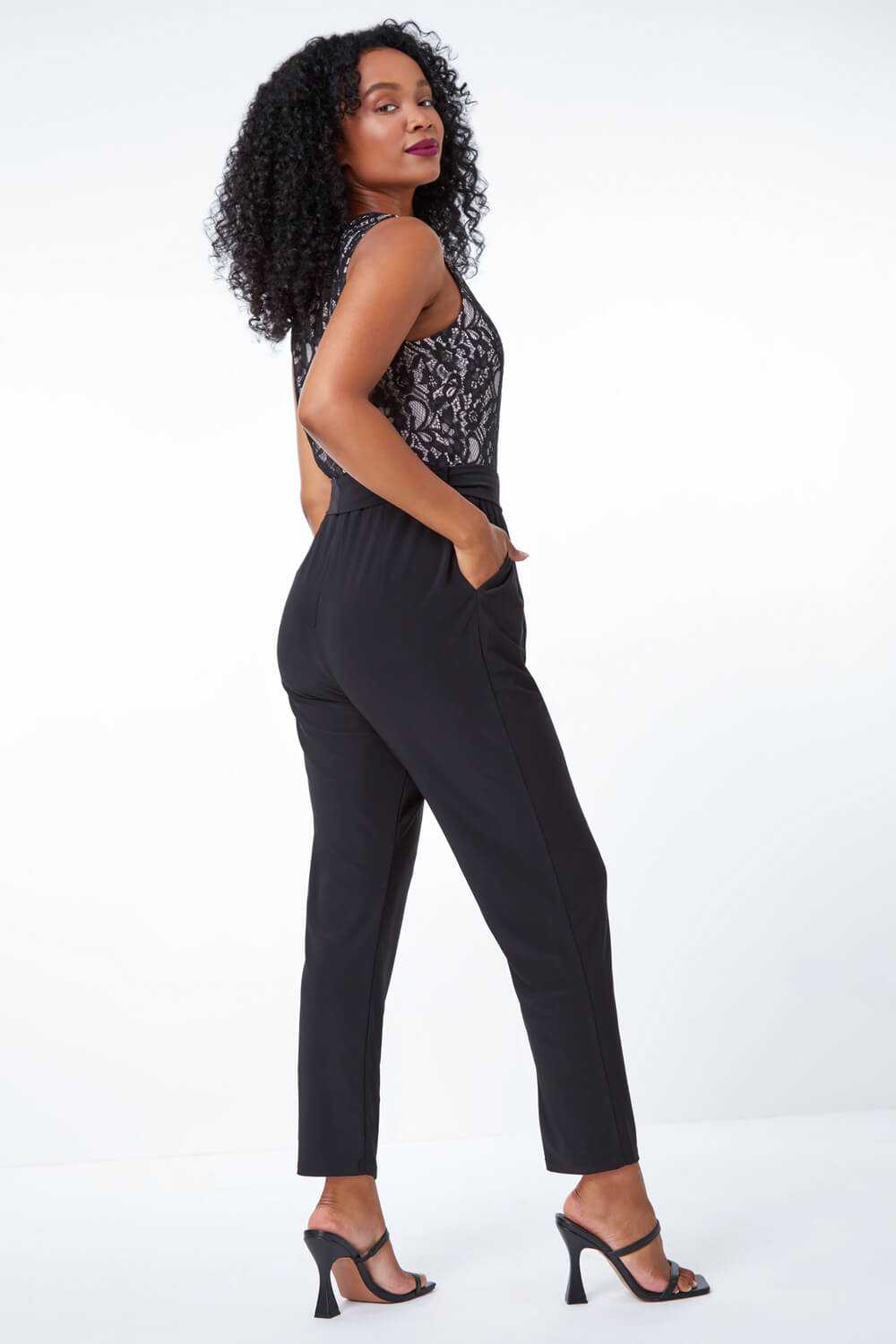 Black Petite Lace Belted Stretch Jumpsuit, Image 3 of 5