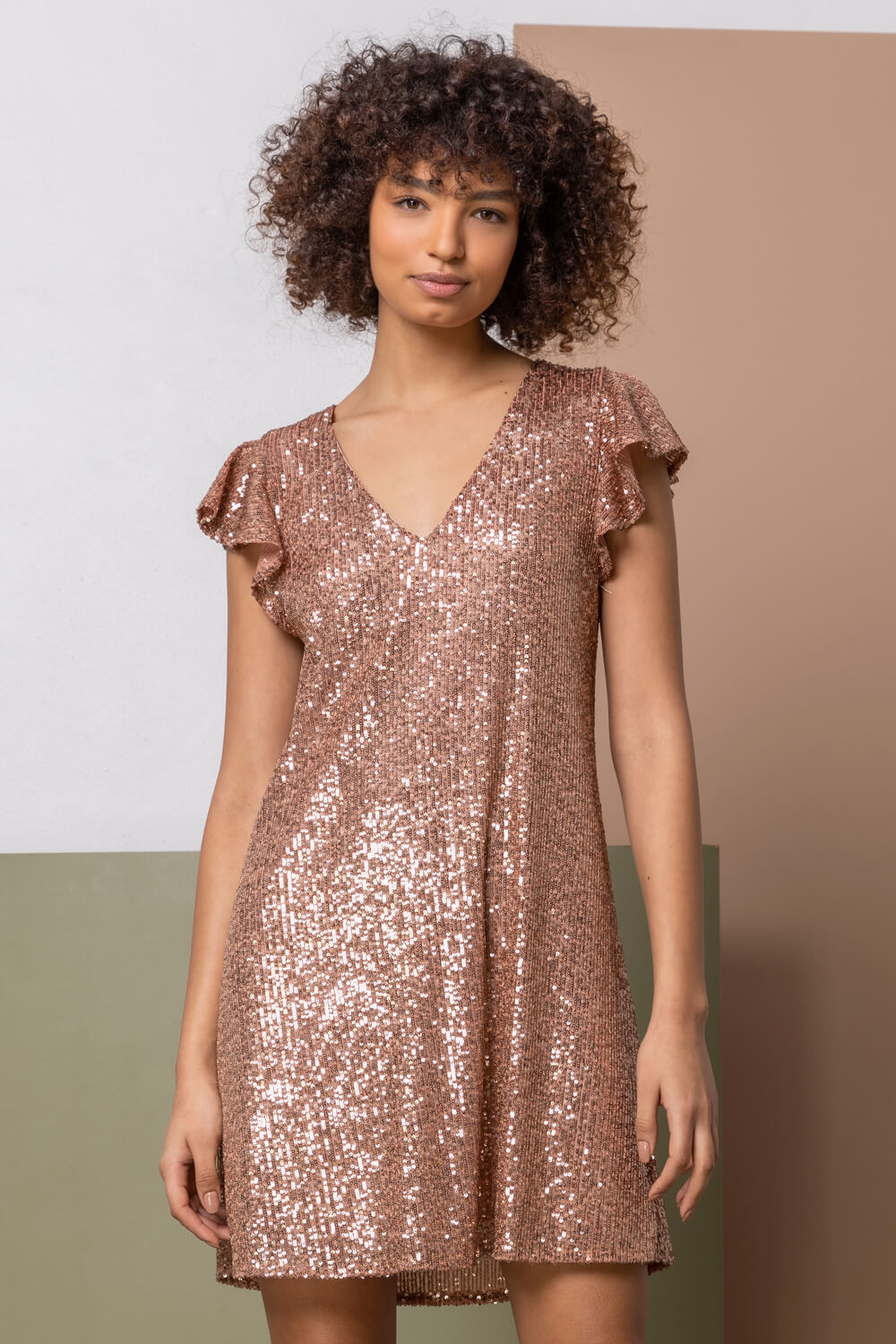 Copper Sequin V-Neck Frill Sleeve Dress, Image 2 of 5