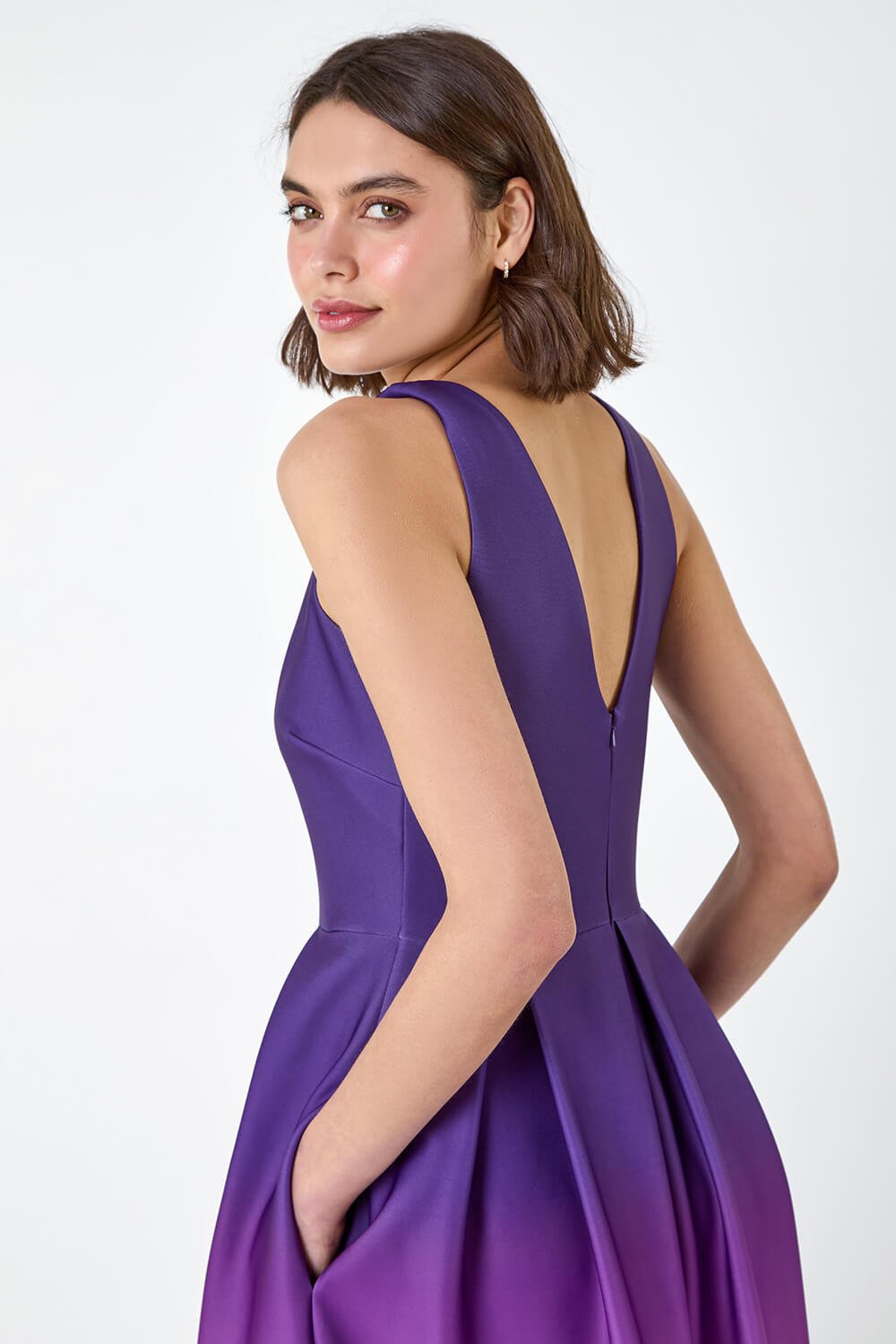 Purple Ombre Pleated Luxe Stretch Midi Dress, Image 4 of 5