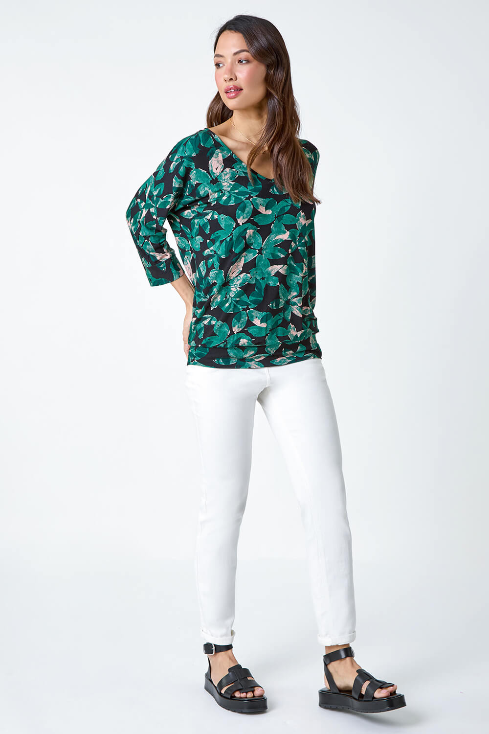 Green Floral Print Blouson Stretch Top, Image 4 of 5