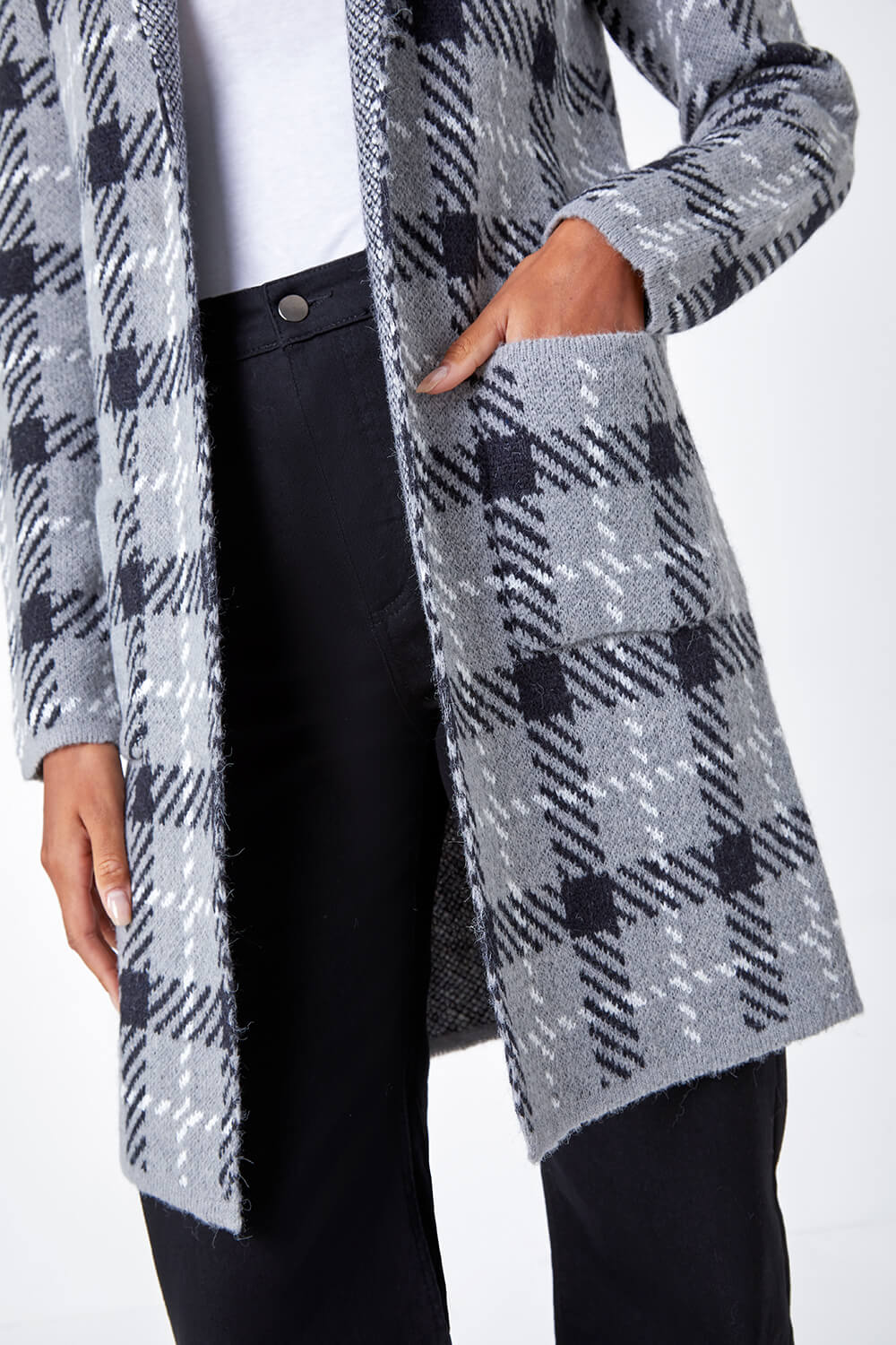 Grey Check Longline Hooded Cardigan, Image 5 of 7