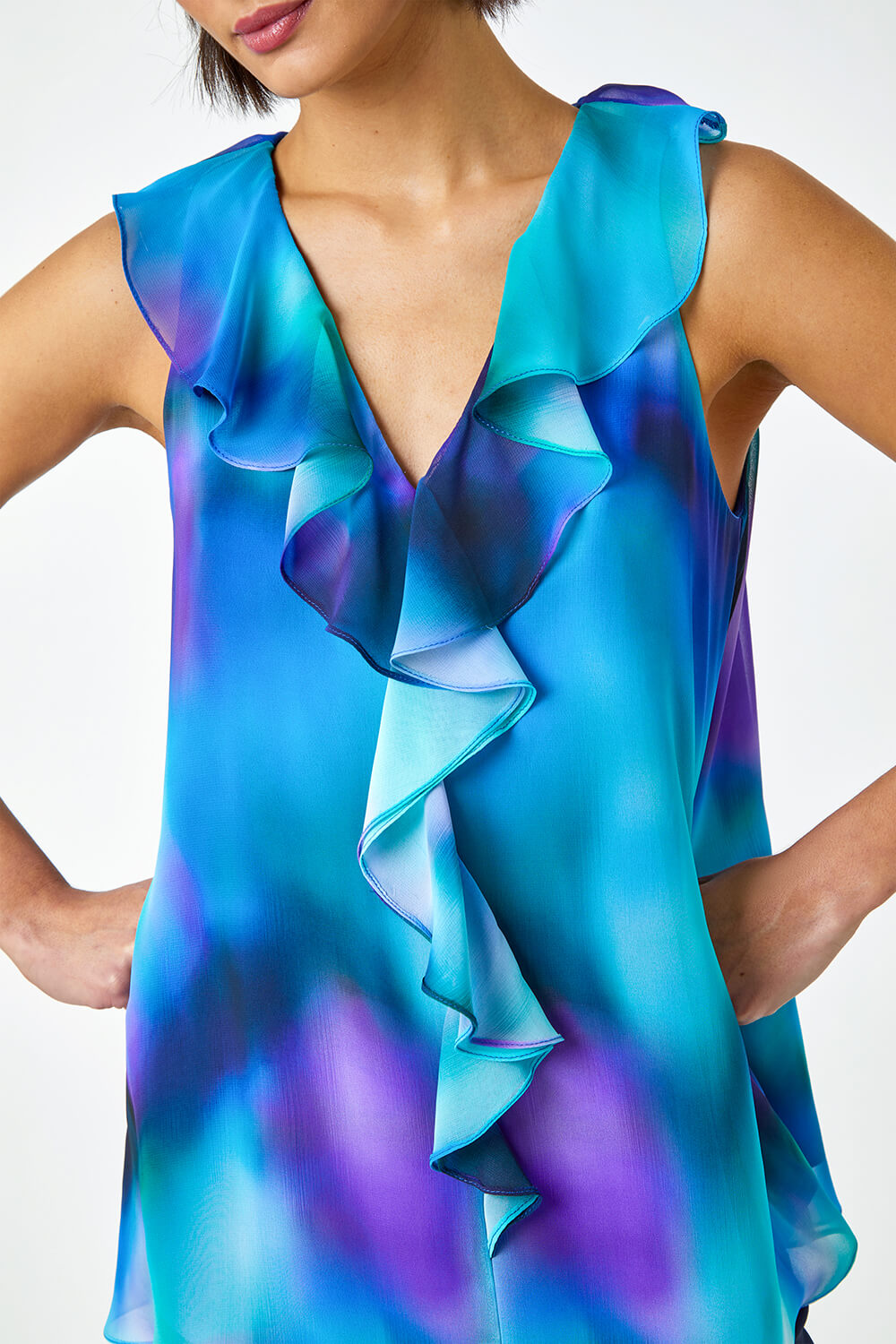 Blue Ombre Print Ruffle Front Top, Image 5 of 5