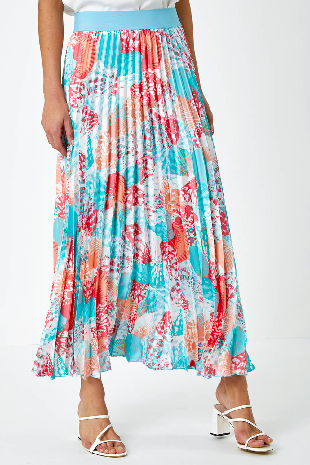 Turquoise Seashell Print Pleated Maxi Skirt, Image 4 of 5