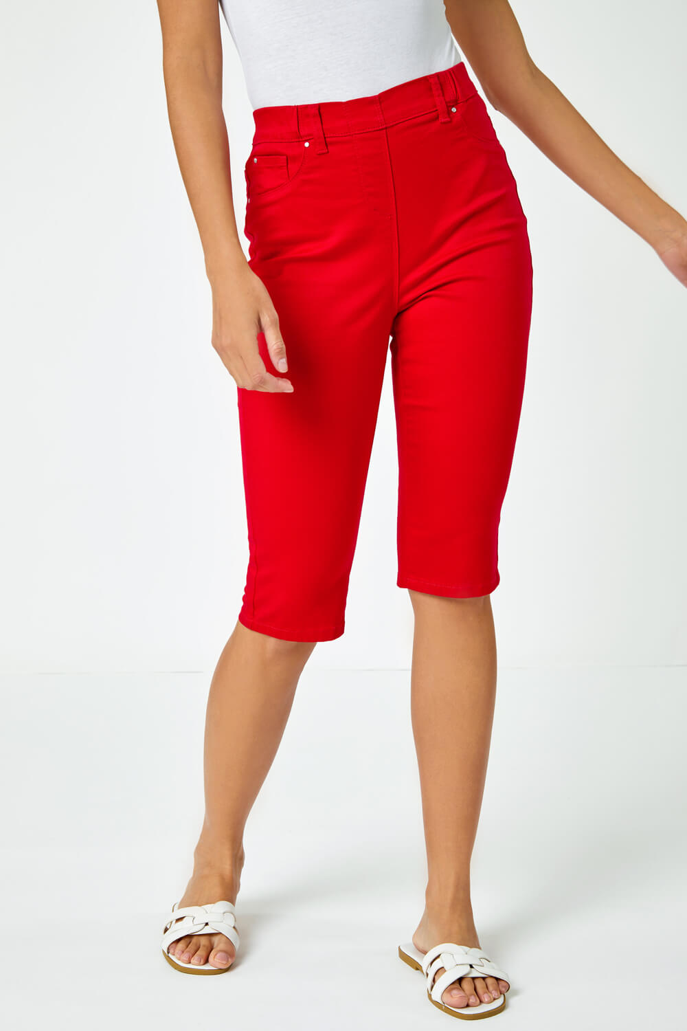 Red Denim Stretch Knee Length Pedal Pusher, Image 5 of 5