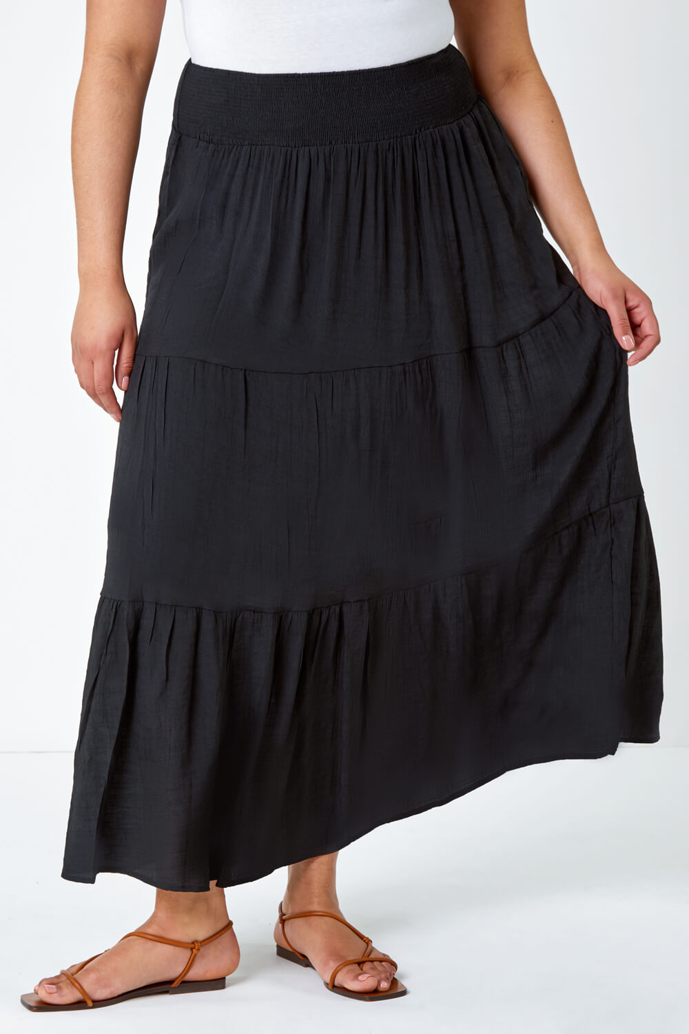 Black Curve Stretch Waist Tiered Maxi Skirt, Image 4 of 5