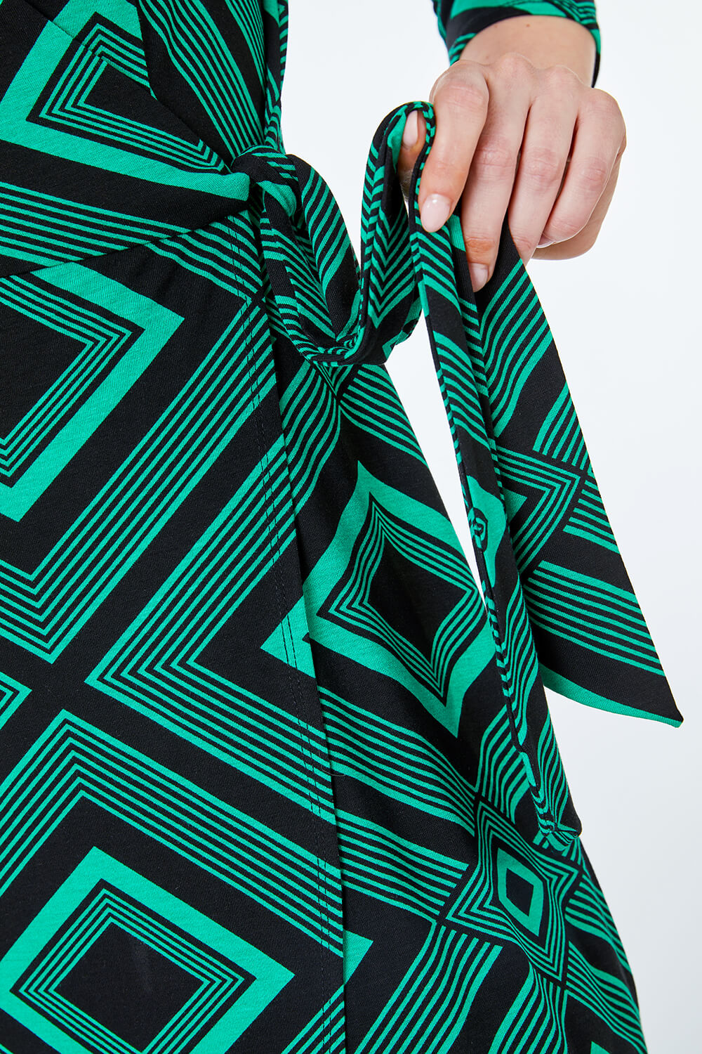 Green Geometric Wrap Midi Stretch Dress, Image 5 of 5