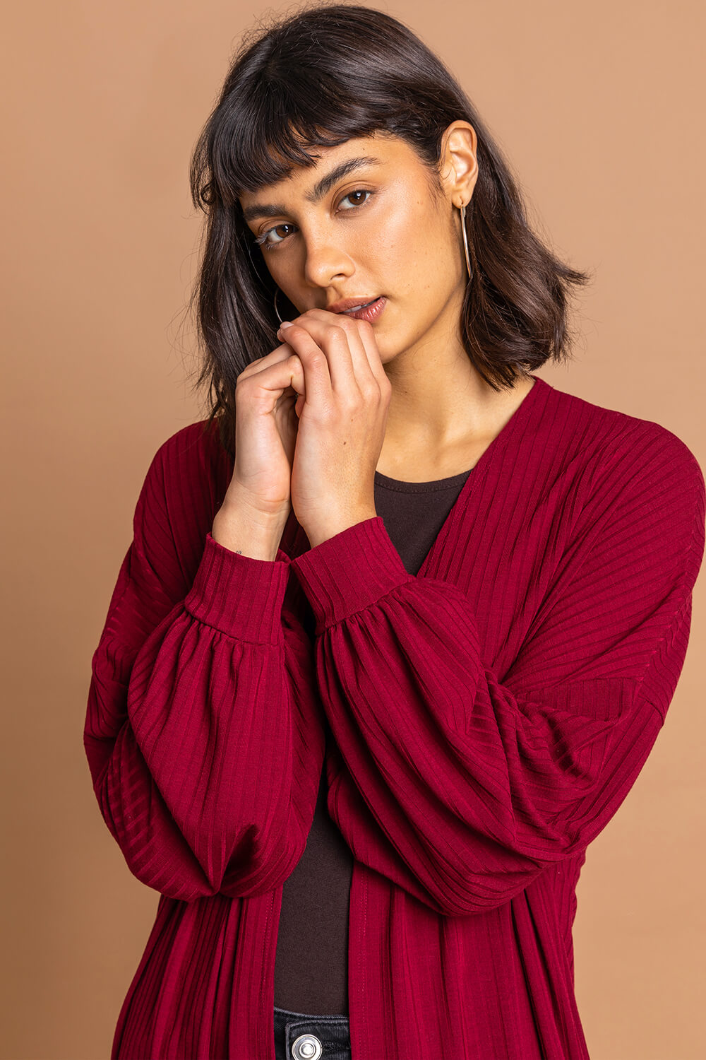 Red Longline Ribbed Texture Cardigan, Image 4 of 4
