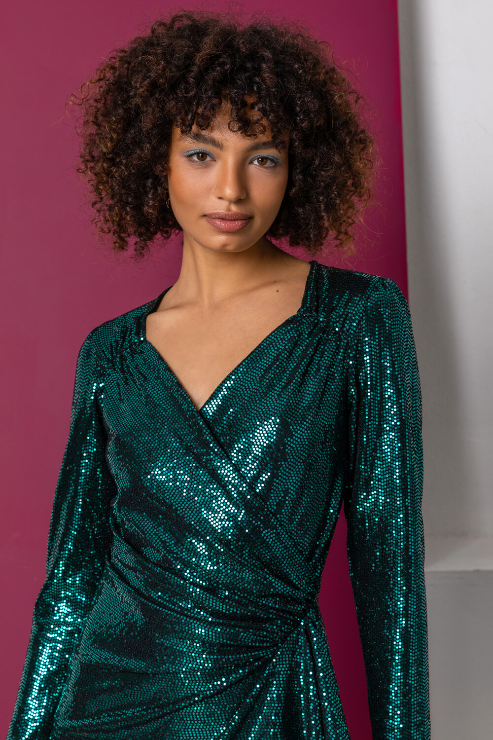 Green Sparkle Embellished Ruched Wrap Dress, Image 4 of 5