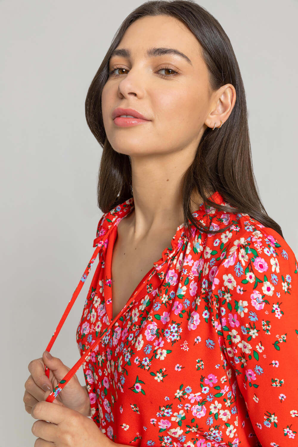 Red Floral Tie Neck Detail Top, Image 4 of 4