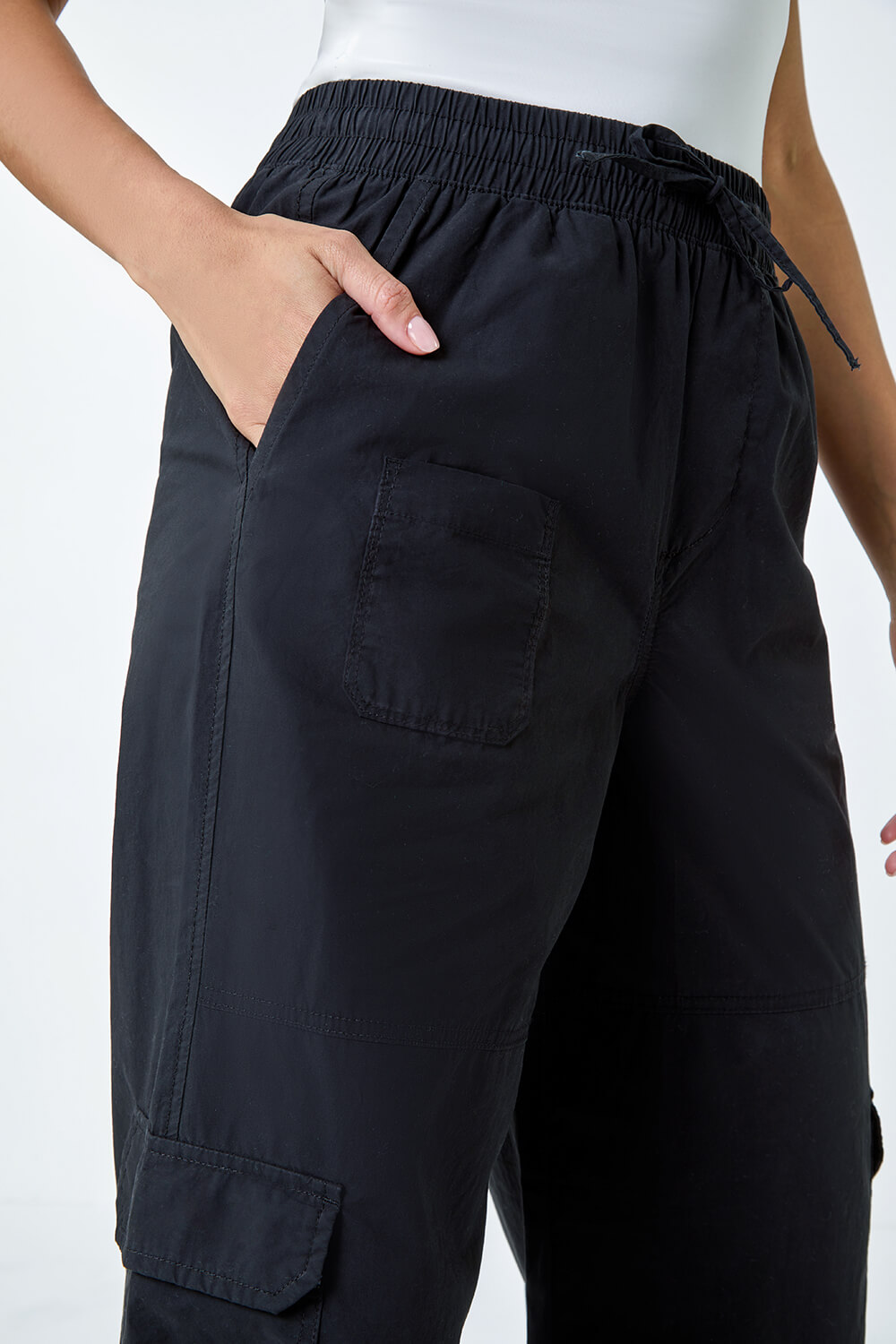 Black Cotton Wide Leg Cargo Trousers, Image 5 of 5