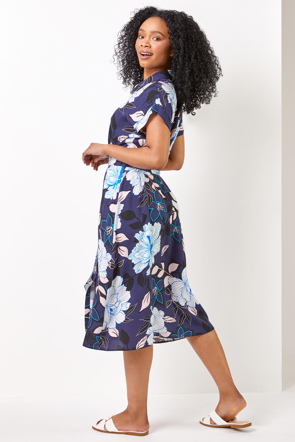 Navy  Petite Floral Print Belted Shirt Dress, Image 2 of 4