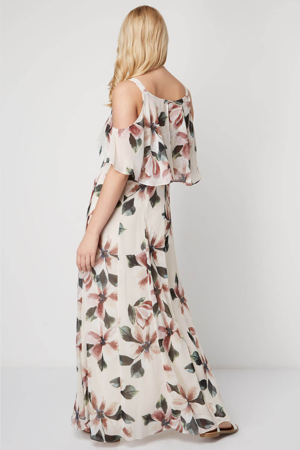 Neutral  Cold Shoulder Chiffon Floral Maxi Dress, Image 4 of 5