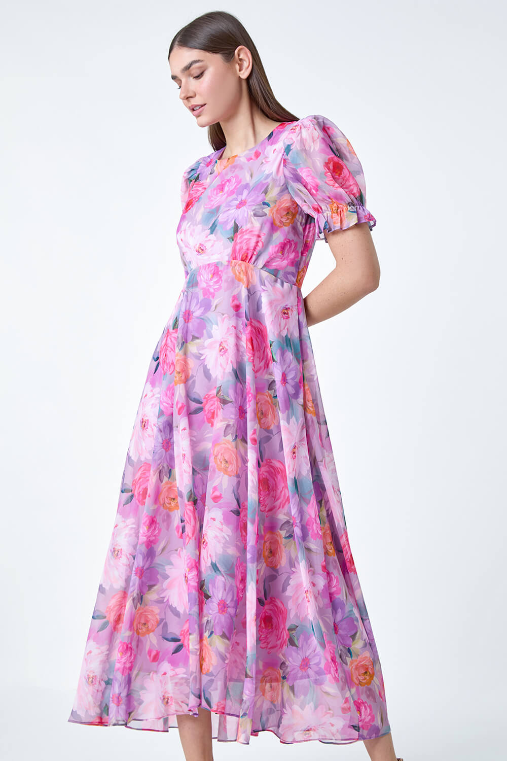 Purple Floral Print Puff Sleeve Midi Dress, Image 4 of 5